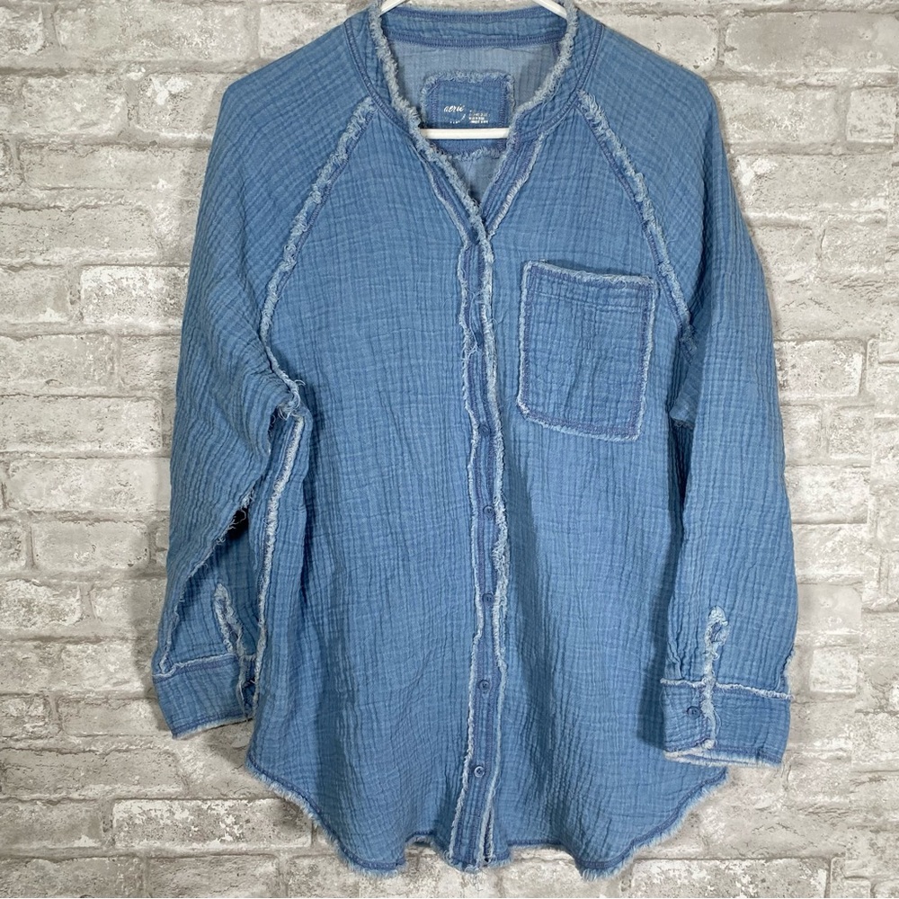 Aerie Womens Gauzy Cover Up Shirt small Blue Frayed Edge Long Sleeve Oversized